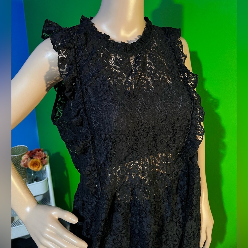 NWT $79 Harve Bernard | Sheer Lace Ruffled Sleeveless Peplum Blouse in Black